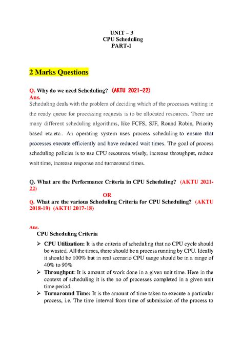 Unit 3: CPU Scheduling - Important Questions & Answers (AKTU) - Studocu