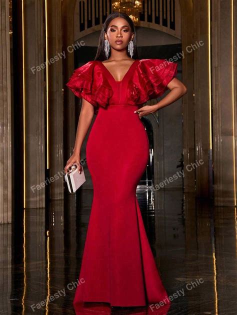 Faeriesty V-Neck Ruffled Cap Sleeve Backless Mermaid Evening Gown ...