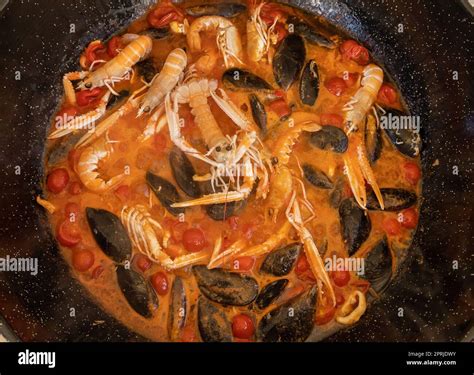 Cooking Italian stew with seafood and tomatoes in a big frying pan top ...