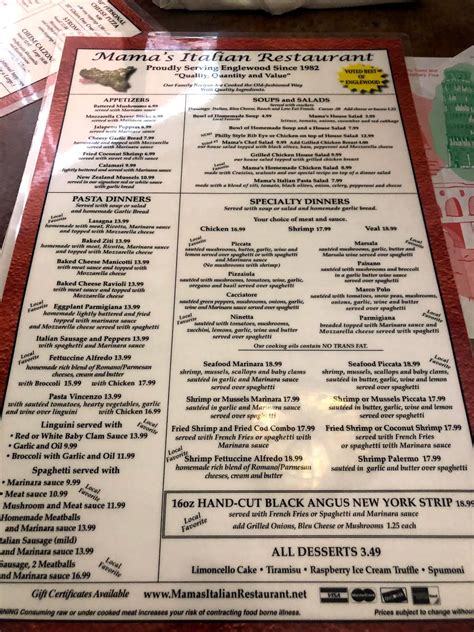 Menu at Mama's Italian Restaurant, Englewood, S McCall Rd
