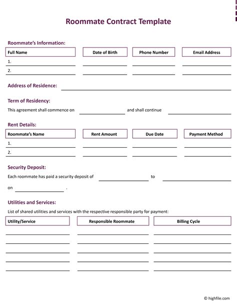 Roommate Contract Template - Word | Google Docs - Highfile