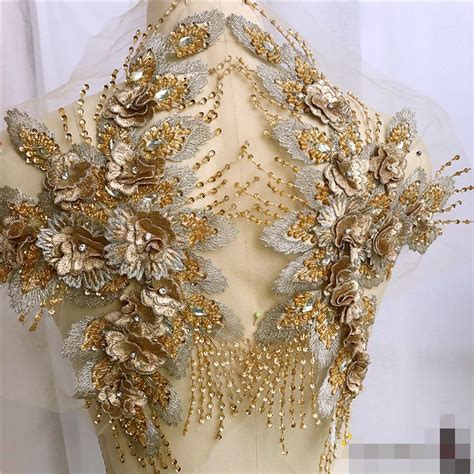 Newest Luxury Golden Beaded Pearl 3D Bridal Gown Drilling Lace Applique Embroidery Patches Trim ...