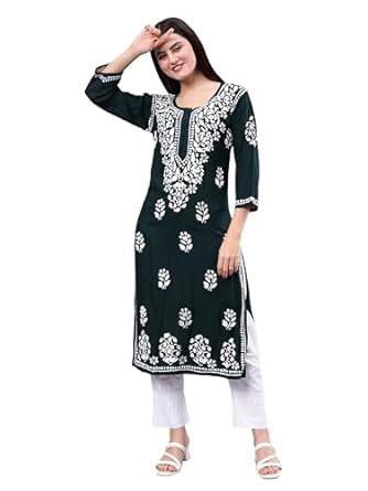Buy Seva Chikan Hand Embroidered Lucknowi Chikankari Dark Green Rayon ...