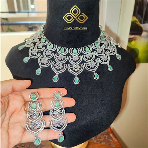 Mint Green American Diamond Necklace with Earrings – rittascollections