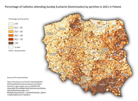 Percentage of Catholics attending to Sunday Eucharists in 2021 in Poland by dioceses and ...