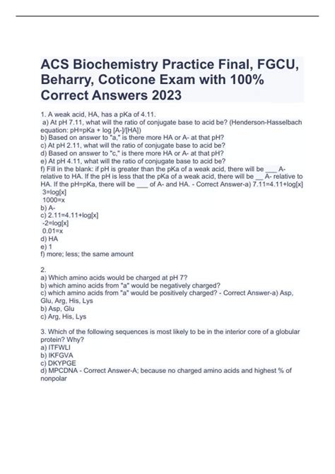 ACS Biochemistry Practice Final, FGCU, Beharry, Coticone Exam with 100% ...