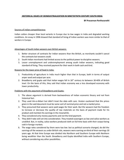 Notes Parthasarathi, Unit 4 - HISTORICAL ISSUES OF DEINDUSTRIALIZATION ...