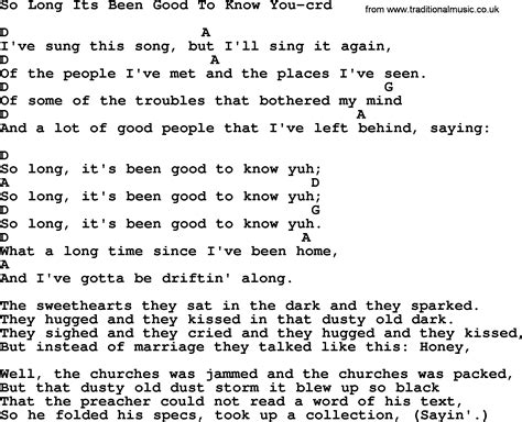 Woody Guthrie song - So Long It's Been Good To Know You, lyrics and chords