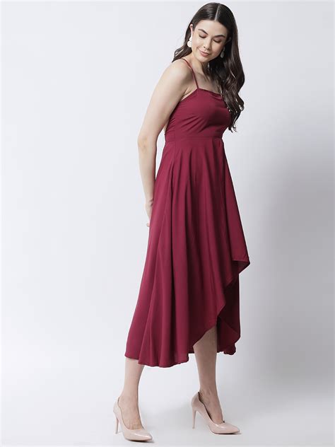 Emeros Women Wine Square-Neck Stylized Back Fit Flare High Low Dress