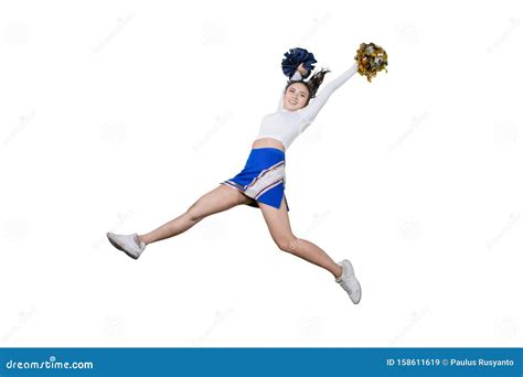 Pretty Cheerleader Lifting Pom Poms on Studio Stock Image - Image of ...