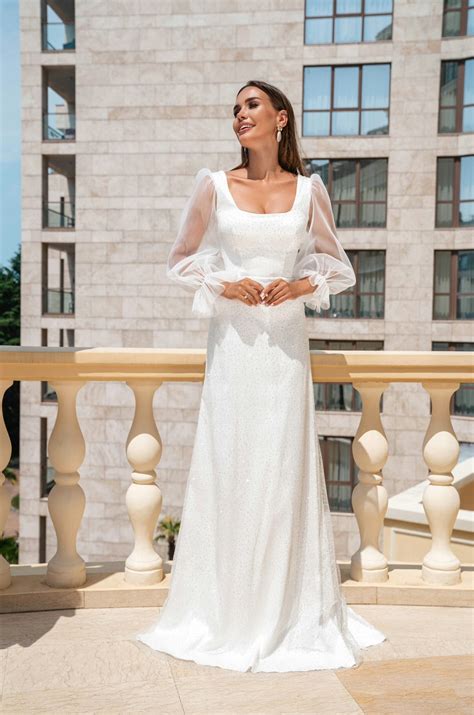 Свадебное платье Алисия блестящее с рукавами купить в спб | Milki-Dress.ru