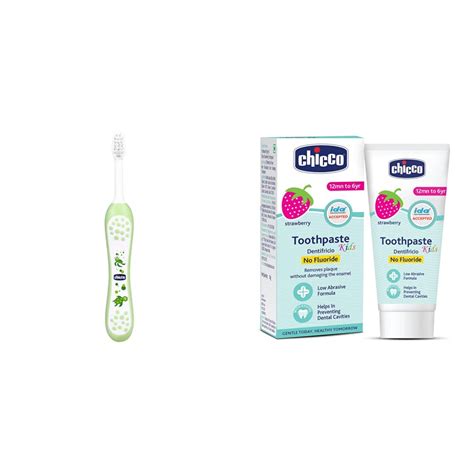 Chicco Green Toothbrush 6-36M With Chicco Strawberry Toothpaste 12M ...