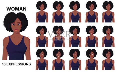 美丽的卡通黑人妇女角色在服装16情感和面部表情溢价向量插画图片素材_ID:411364813-Veer图库