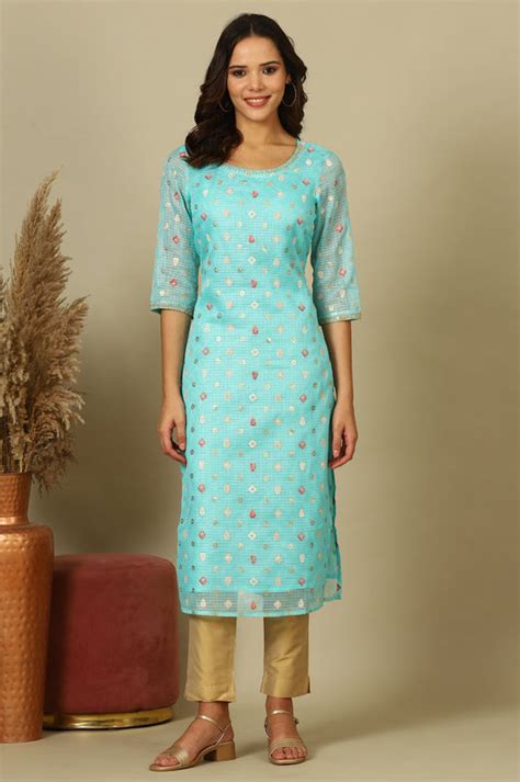 Buy Sky Blue Abstract Printed Kota Kurta with Embellished Neck Online ...