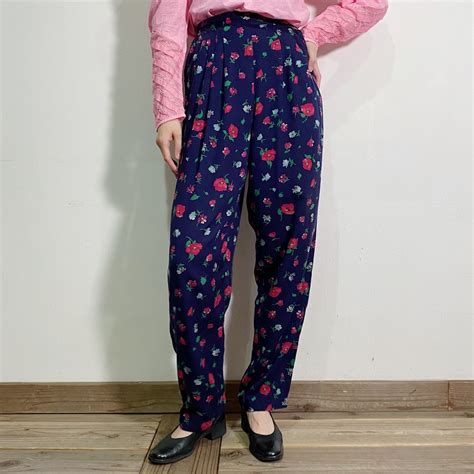 80s navy rayon flower printed pants | LEMON