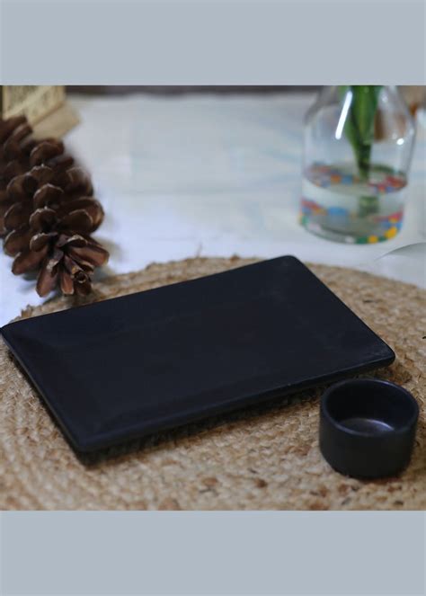 Get Black Matte Rectangular Platter with Dip Bowls - Set of 2 at ₹ 1399 ...