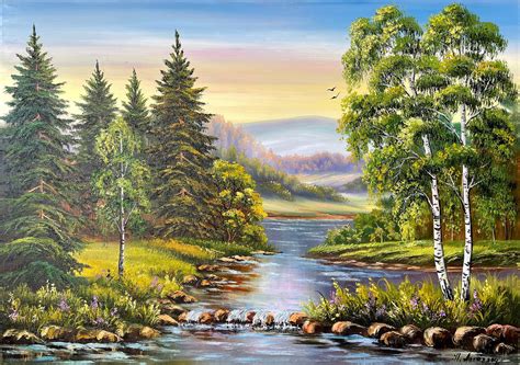 Green Forest Painting Original Trees Wall Art River Oil Painting on Canvas Pine Tree Artwork ...