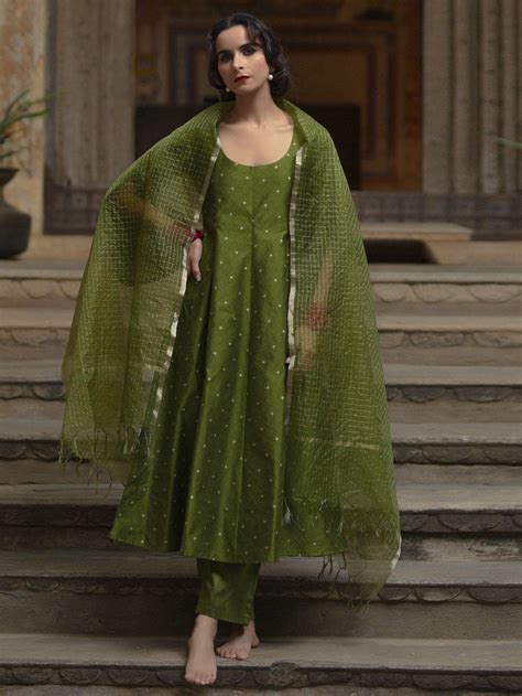 Pista Green Printed Silk Blend Embroidered Suit with Zari Organza ...