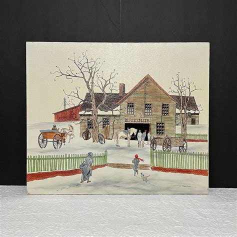 Vintage H. Hargrove Painting Blacksmith Barn Scene, Horses and a Boy Running With His Dog 20" X ...