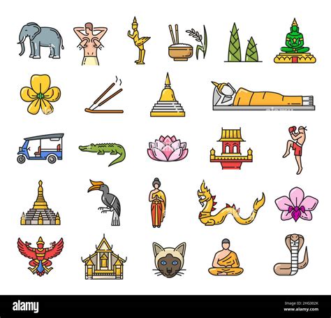 Thailand landmarks, culture and religion line icons. Thai architecture ...