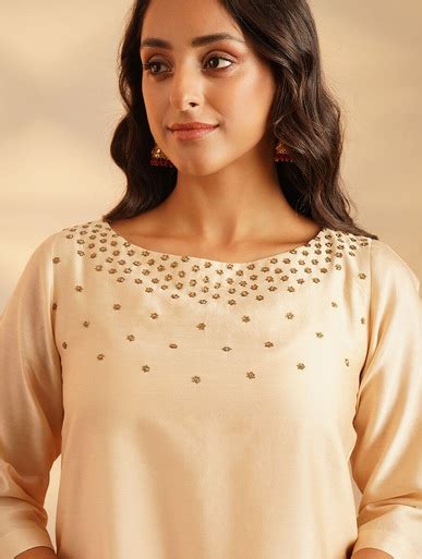 Shop Jaypore Women Beige Brown Cotton Silk Hand Embroidery Kurta for ...