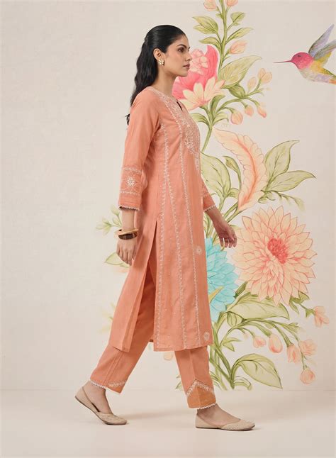 Zainab Light Orange Cotton Blend Embroidered A-line Kurta Set – Lakshita