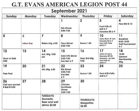 American Legion Dunedin Calendar