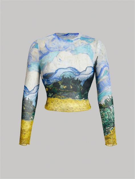 SHEIN MOD Plus Size Retro Casual Oil Painting Print Sheer Mesh Long ...