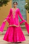 Buy Pink Silk Embroidery, Zari, Sequins Split V-neck Dori Placket Kurta ...
