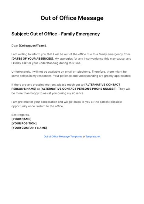 Free Out Of Office Message For Family Emergency Template to Edit Online