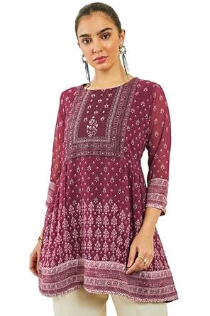 Soch Womens Maroon Georgette Floral Print Round-Neck Tunic with ...