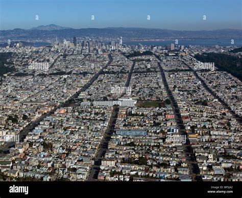 aerial view above residential sunset district toward Mount Diablo and ...