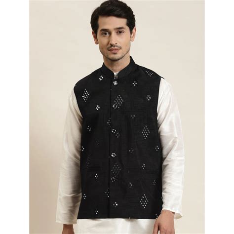 Buy SOJANYA Men Silk Blend Black Mirror Work Nehru Jacket Online