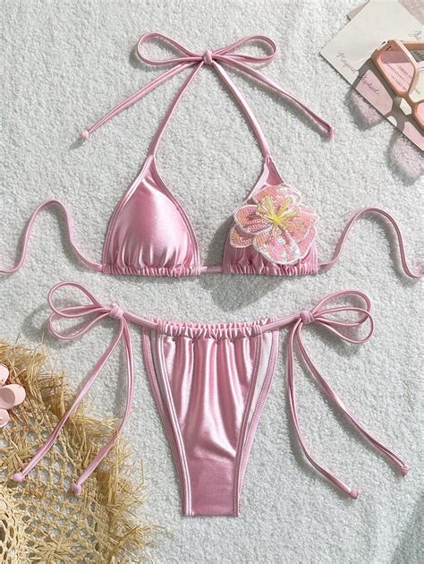 Swim Vcay 2pcs Women Sexy Bikini Set, Satin-Like Material Top With Side ...