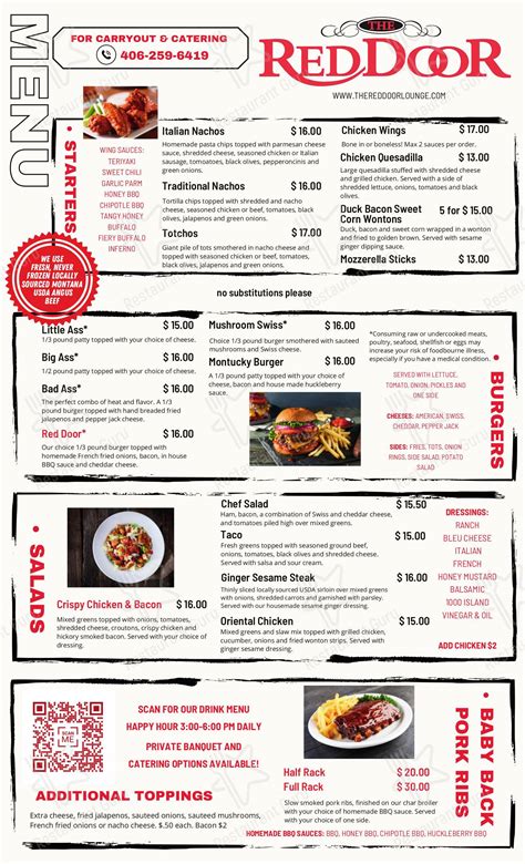 Menu at Red Door Lounge pub & bar, Billings