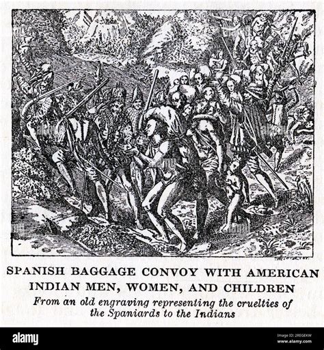 Engraving of a Spanish baggage convoy with American Indian men, women ...