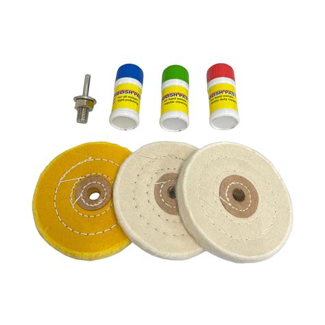 7pc buffing polishing set with 3 buffing wheels 3 grits of compound and drill chuck arbor - RDG ...