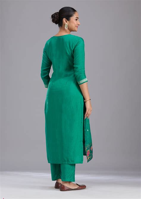Buy Rama Green Sequins Soft Raw Silk Readymade Salwar Suit - Koskii