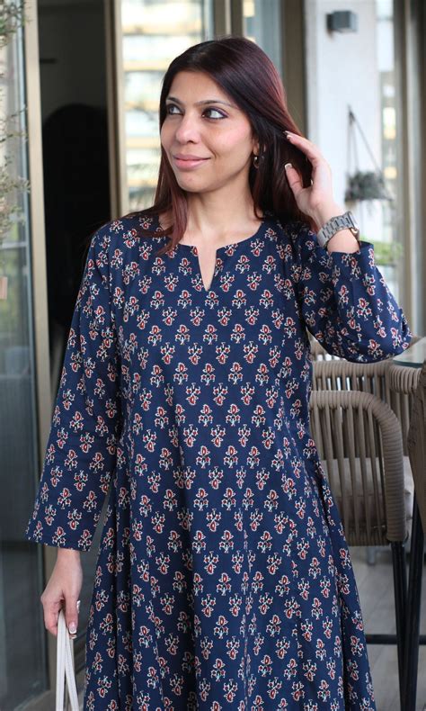 Cotton Navy Blue Small Print Kali Kurta – Baareeki
