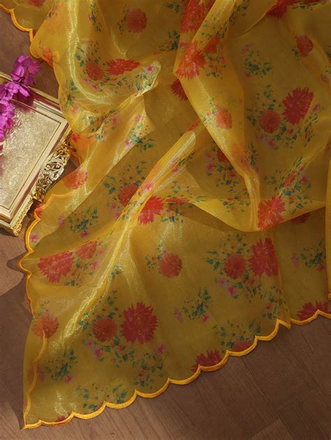 Yellow Digital Printed Tissue Organza Silk Dupatta With Scalloped ...