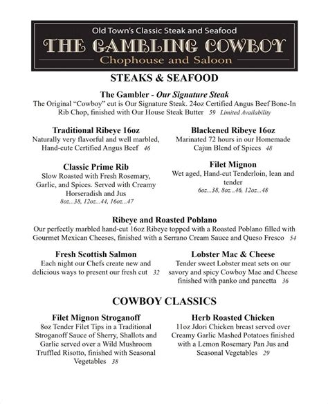 Menu at The Gambling Cowboy steakhouse, Temecula