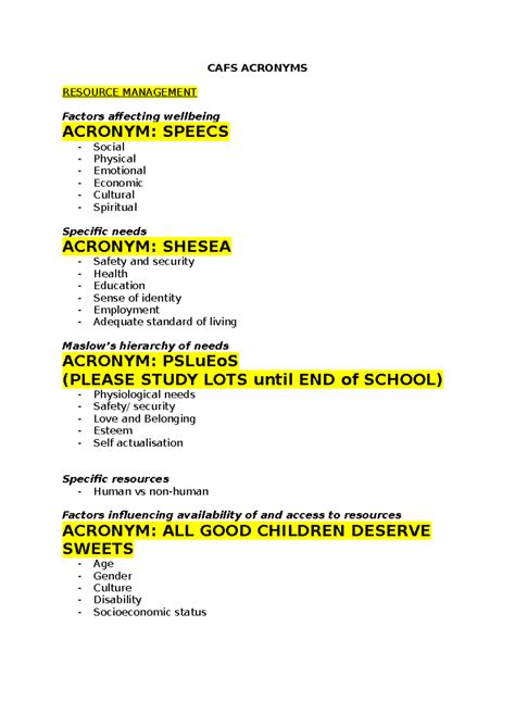 CAFS Acronyms for Resource Management and Decision Making - Studocu