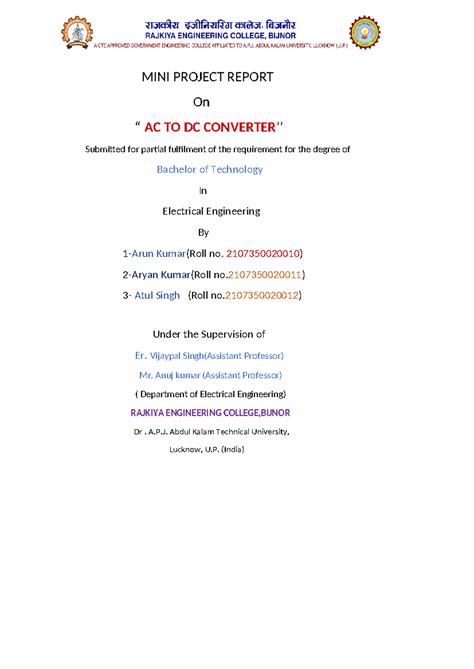B.Tech Mini Project Report: AC to DC Converter Analysis - Studocu