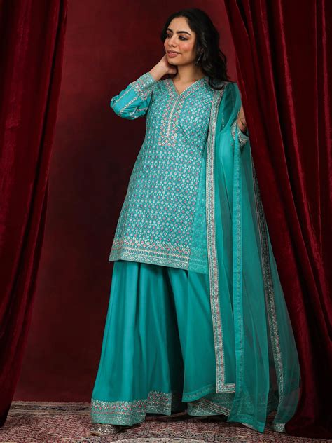 Buy Libas Art Green Embroidered Silk Blend Straight Suit With Dupatta ...
