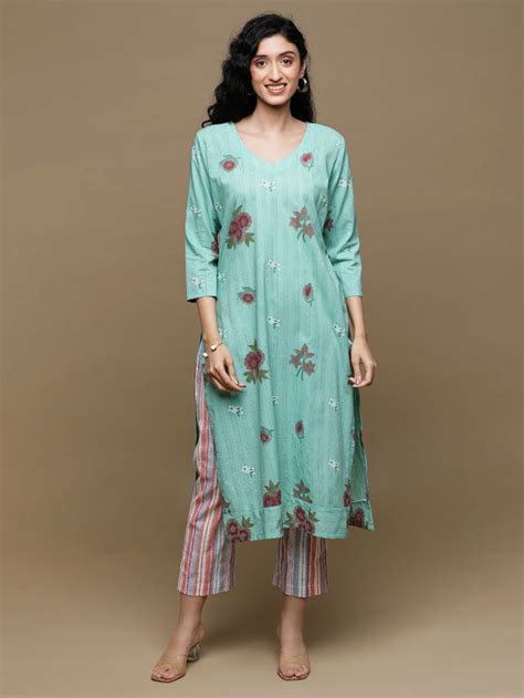 Buy Pastel Yellow Hand Block Printed Cotton Kurta with Pants- Set of 2 ...