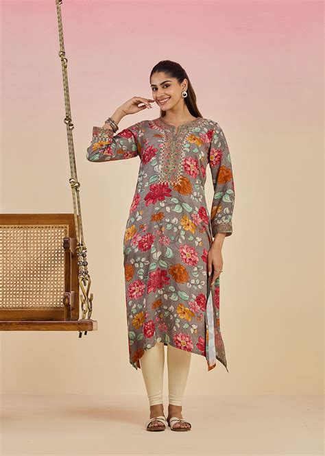 Diantha Grey Floral Printed Rayon Long Straight Kurta – Lakshita