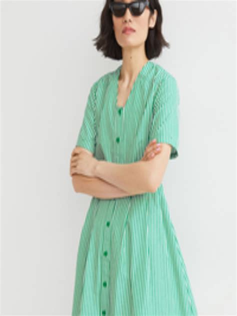 Buy H&M Green Striped Button Front Pure Cotton A Line Dress - Dresses ...