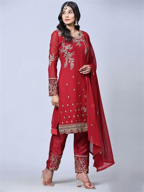 Odette Women Maroon Embroidered Georgette Semi Stitched Straight Party