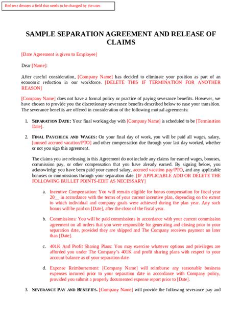 Sample Separation Agreement and Release of Claims Doc Template | pdfFiller