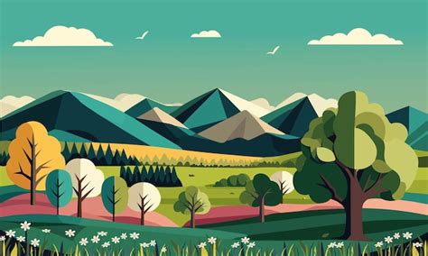 Colorful nature landscape background with mountains trees and floral ...